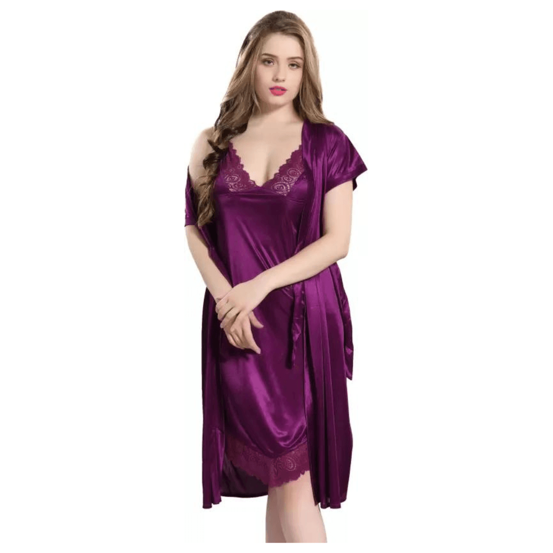 Silk Bridal Nightgown Set Stylish Fancy Bridal Nighty Set For Women Free Size Purple Color 4