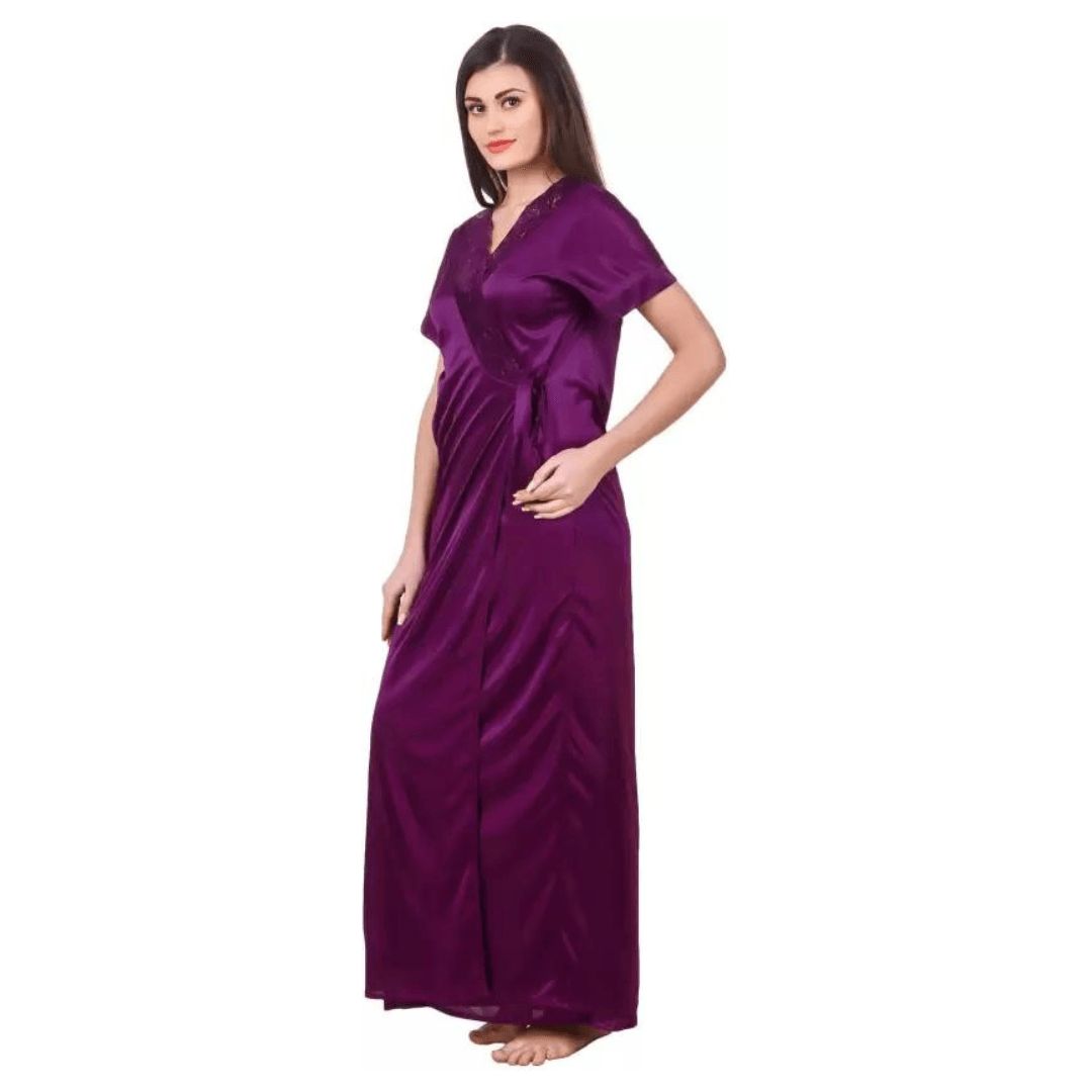 Silk Bridal Nightgown Set Stylish Fancy Bridal Nighty Set For Women Free Size Purple Color 3