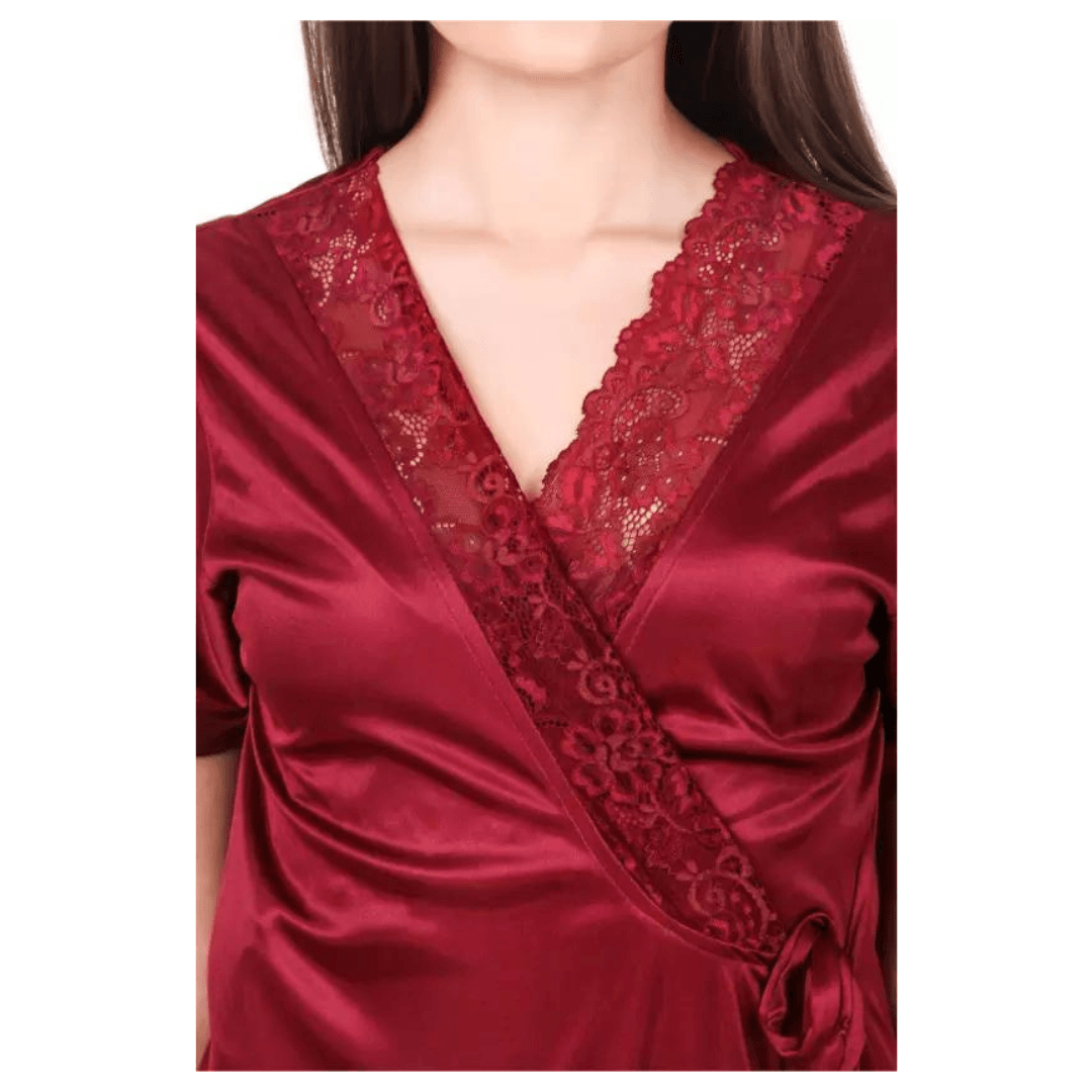 Silk Bridal Nightgown Set Stylish Fancy Bridal Nighty Set For Women Free Size Maroon Color 5