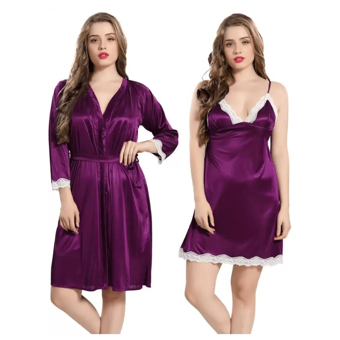 Silk Bridal Nightgown Set Stylish Fancy Bridal Nighty Set For Women Free Size Purple Color 1