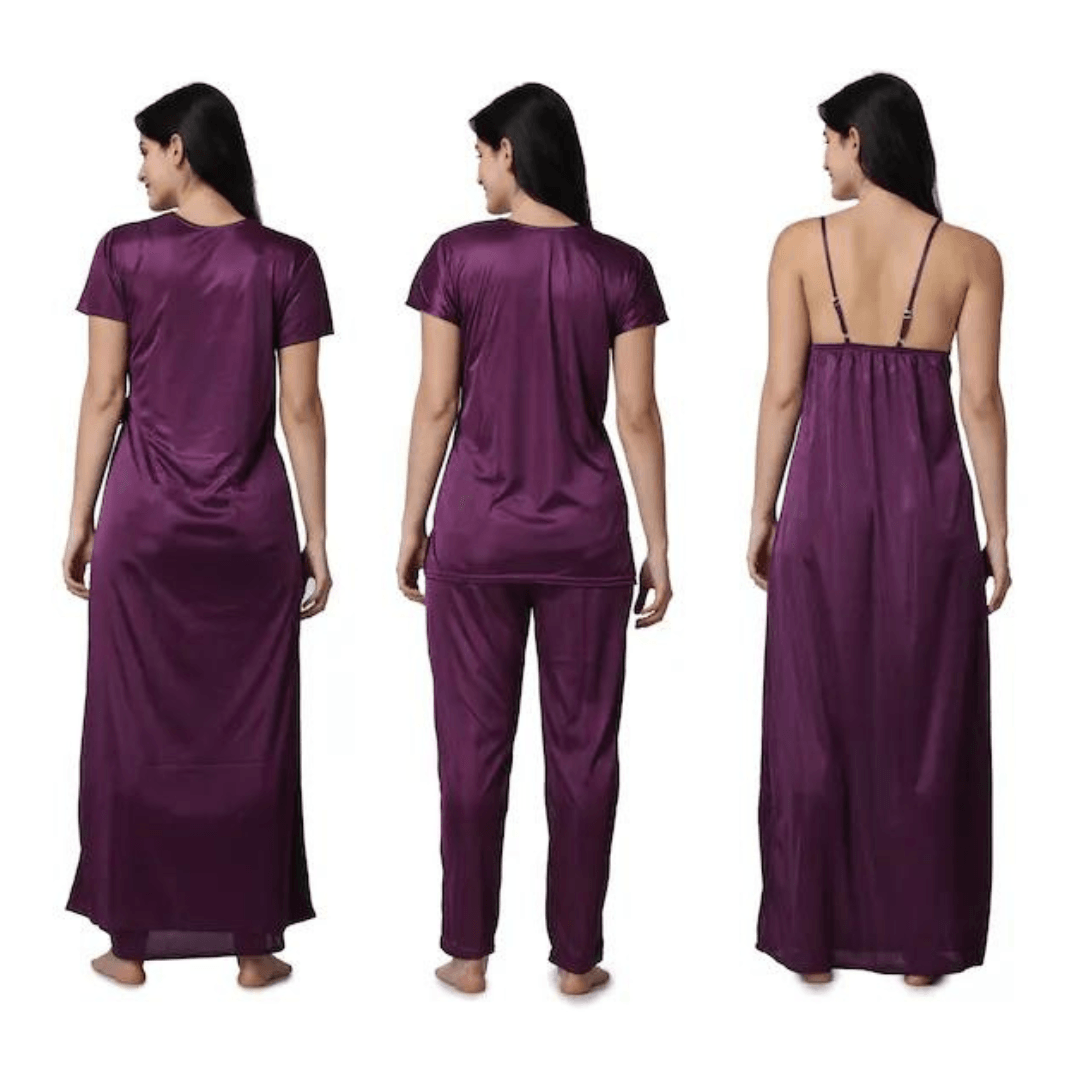 Silk Bridal Nightgown Set Stylish Fancy Bridal Nighty Set For Women Free Size Purple Color 2