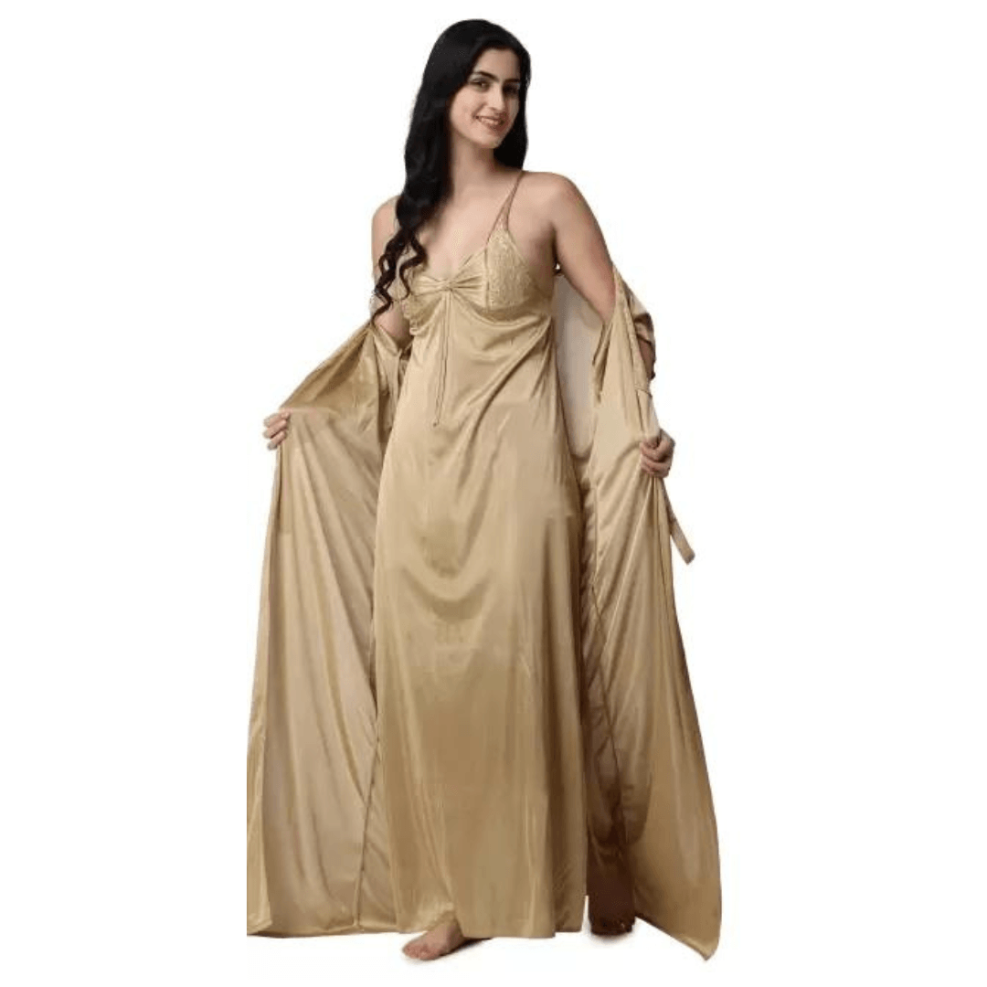 Silk Bridal Nightgown Set Stylish Fancy Bridal Nighty Set For Women Free Size Gold Color (3 set) 3