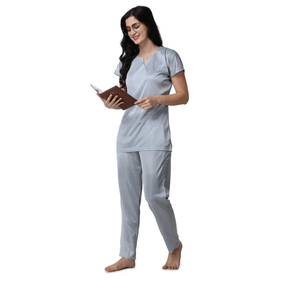Silk Bridal Nightgown Set Stylish Fancy Bridal Nighty Set For Women Free Size Grey Color (3 set) 4