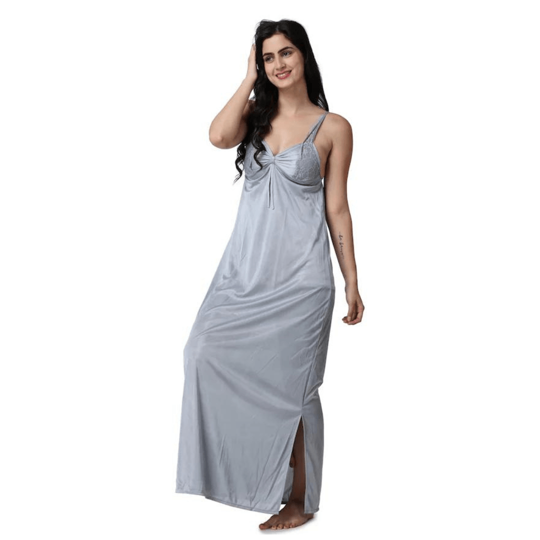 Silk Bridal Nightgown Set Stylish Fancy Bridal Nighty Set For Women Free Size Grey Color (3 set) 5