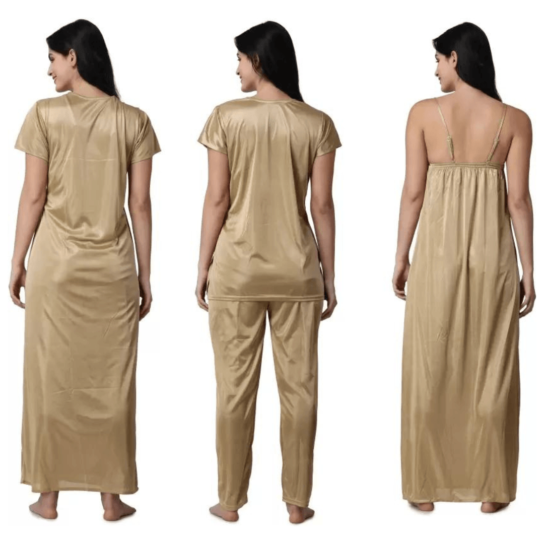 Silk Bridal Nightgown Set Stylish Fancy Bridal Nighty Set For Women Free Size Gold Color (3 set) 2