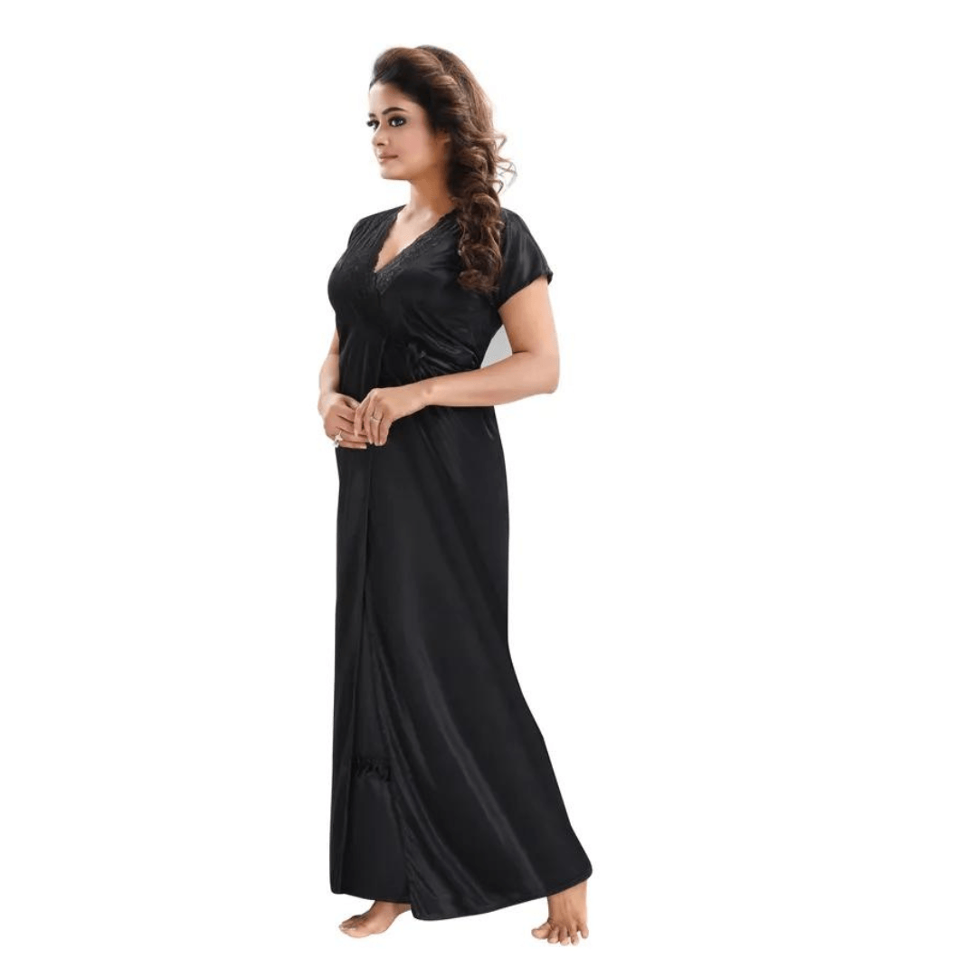 Silk Bridal Nightgown Dhoti  Set Stylish Fancy Bridal Nighty Set For Women Free Size Black Color (4 SET) 4