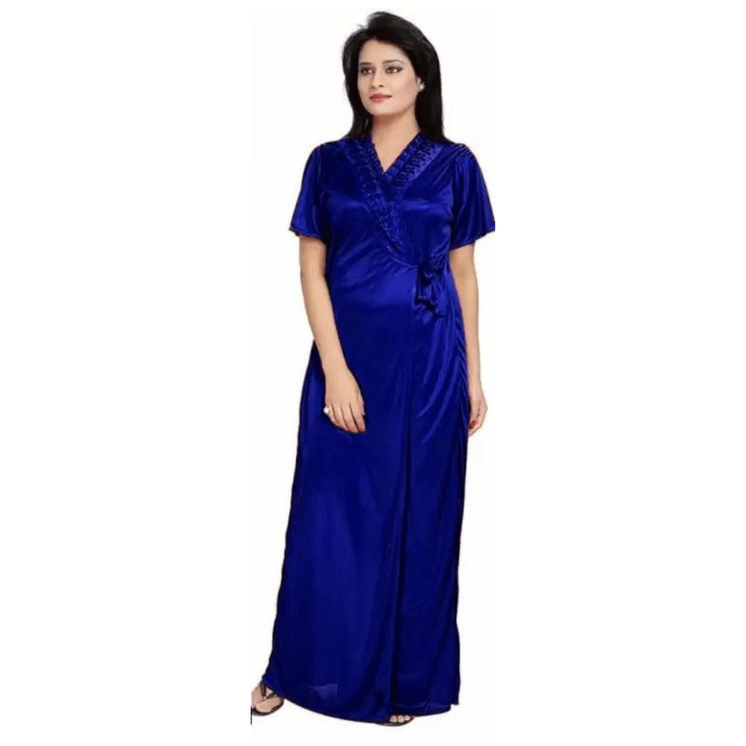 Silk Bridal Nightgown Set Stylish Fancy Bridal Nighty Set For Women Free Size Dark Blue Color (3 set) 3