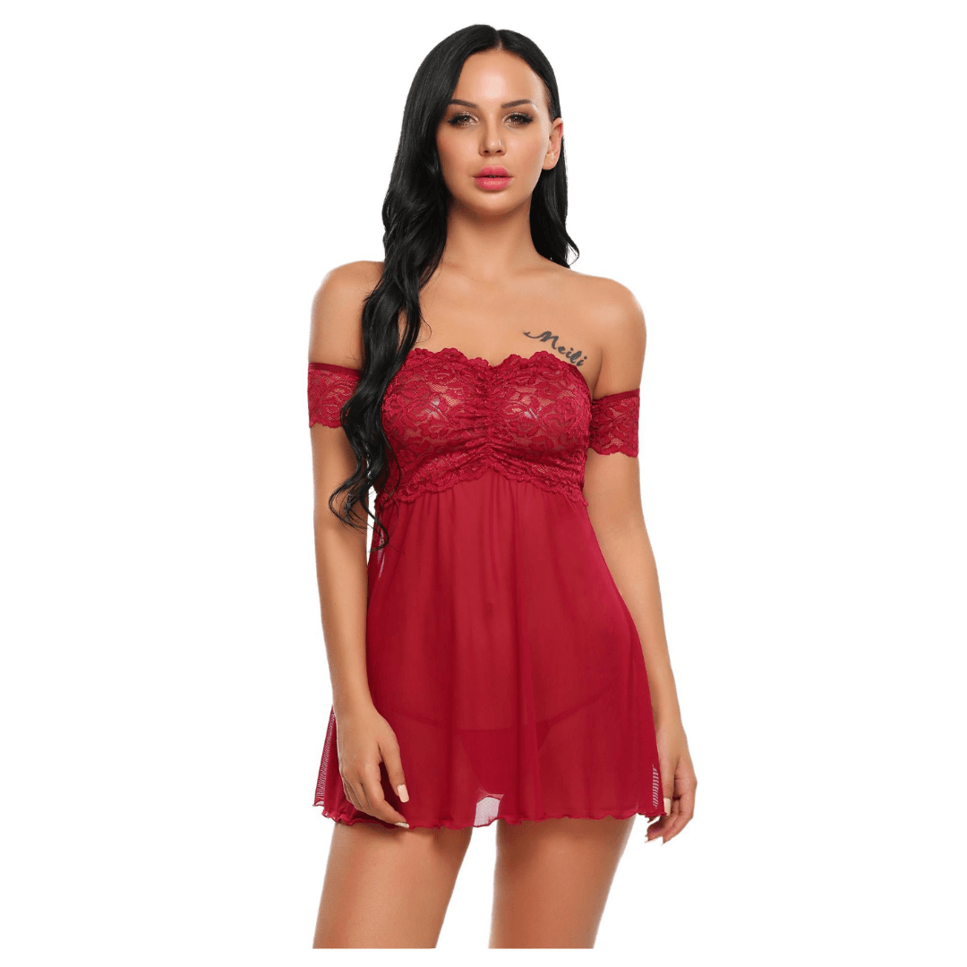 Babydoll Lingerie Above Knee Women Lace Net Floral Nightwear With G String Panty Free Size Maroon Color 4
