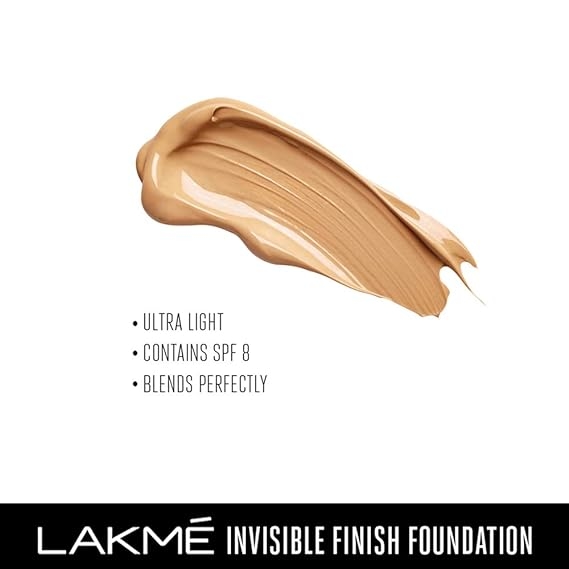 Lakme Invisible Finish SPF 8 Liquid Foundation 25 ml, 01 shade Ultra Light Water Based Face Makeup for Glowing Skin - Full Coverage, Natural Finish 3