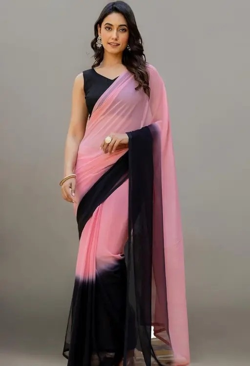 Elegant Georgette fancy Saree for women with unstiched blouse in pink and black color/Trendy Party & Festive Wear | Traditional Ethnic Fashion | Buy Online 5