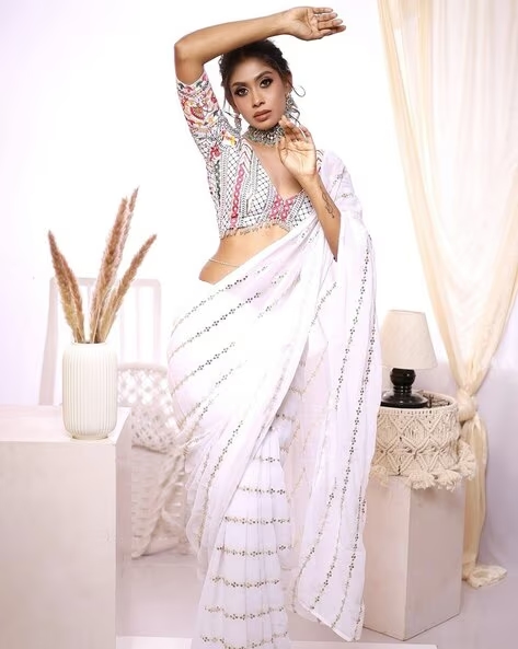 Latest Bollywood Embelished georgette saree with unstiched blouse white color | Trendy Party & Festive Wear | Traditional Ethnic Fashion | Buy Online 3