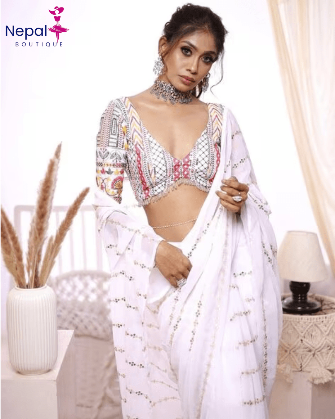 Latest Bollywood Embelished georgette saree with unstiched blouse white color | Trendy Party & Festive Wear | Traditional Ethnic Fashion | Buy Online 1