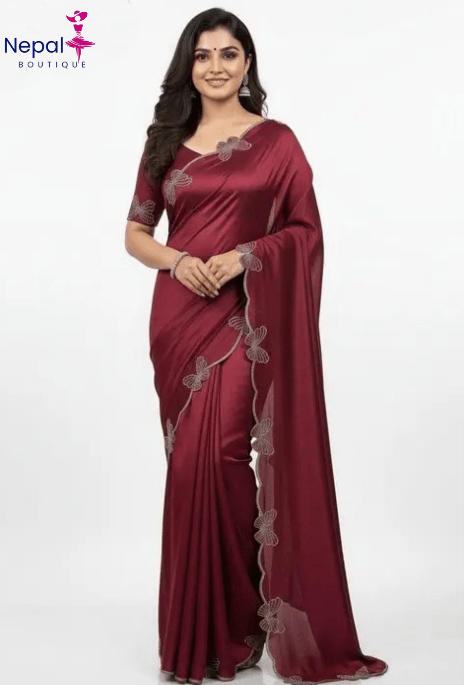 Trending Butterfly boarder saree with Embroidery work with Blouse in Maroon Color | Available in Multi color | Trendy Party & Festive Wear | Traditional Ethnic Fashion | Buy Online 1