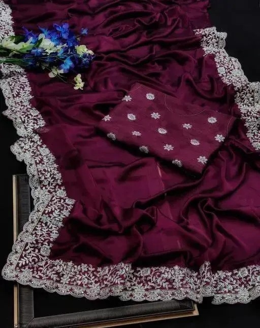 Amazing designer  Georgette Embroidered Elegant Purple color saree unstiched blouse /Trendy Party & Festive Wear | Traditional Ethnic Fashion | Buy Online 4