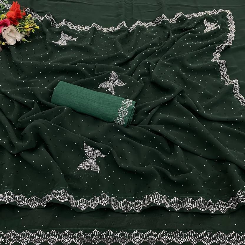 Trending Diamond Wok Designer Saree with Butterfly print with unstiched Blouse in Green Color| Trendy Party & Festive Wear | Traditional Ethnic Fashion | Buy Online 7