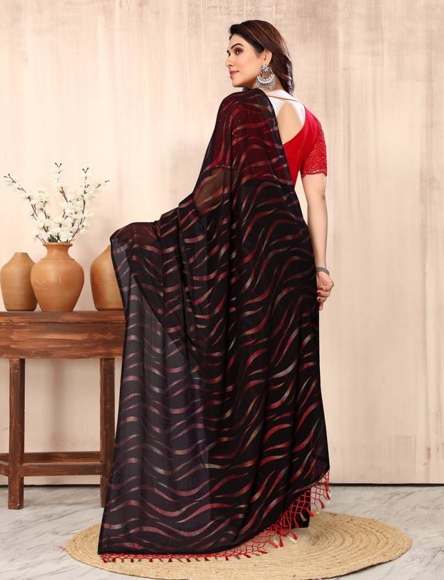 Womens Black Chiffon saree with beautiful smoke work with unstiched Blouse piece/Trendy Party & Festive Wear | Traditional Ethnic Fashion | Buy Online 2