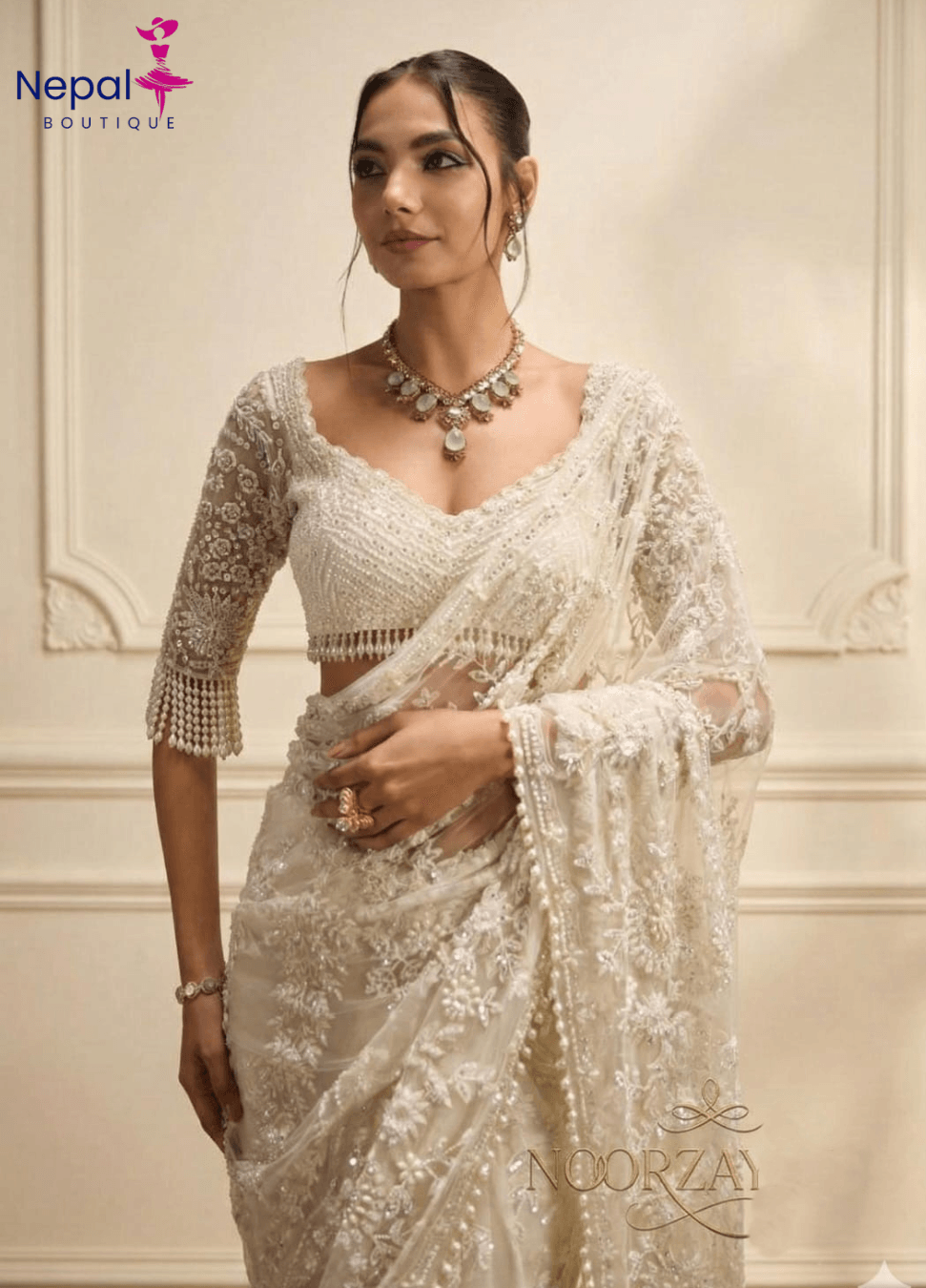 Bollywood Sequin Embroidery Saree | Heavy Mono Net Pearl Border Party wear and Wedding saree with unstiched blouse | Trendy Party & Festive Wear | Traditional Ethnic Fashion | Buy Online 1