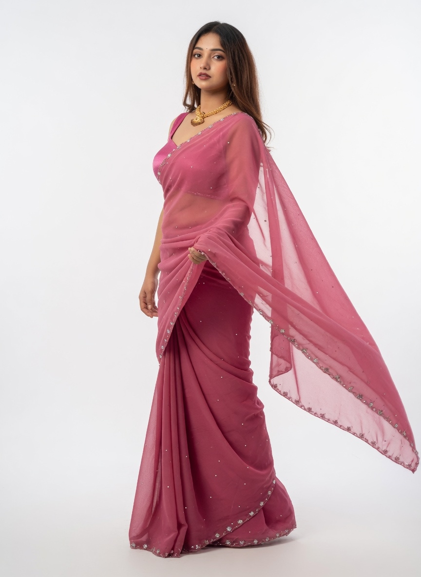 Pink Sequined Georgette Saree with Blouse | Party Wear Designer Saree for Women 3