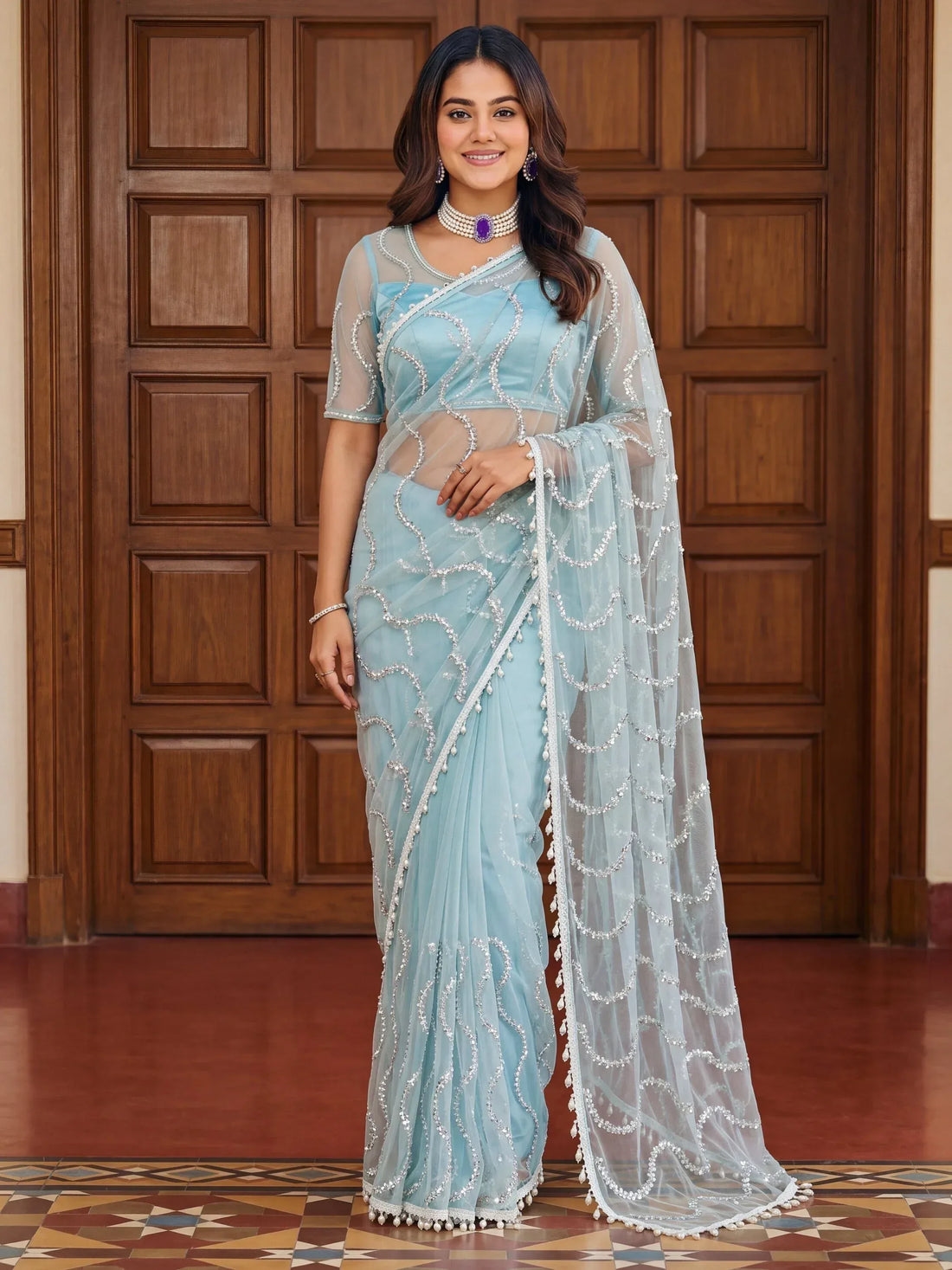 Classic Sky Blue Pearl Work Net Designer Saree With Blouse 1