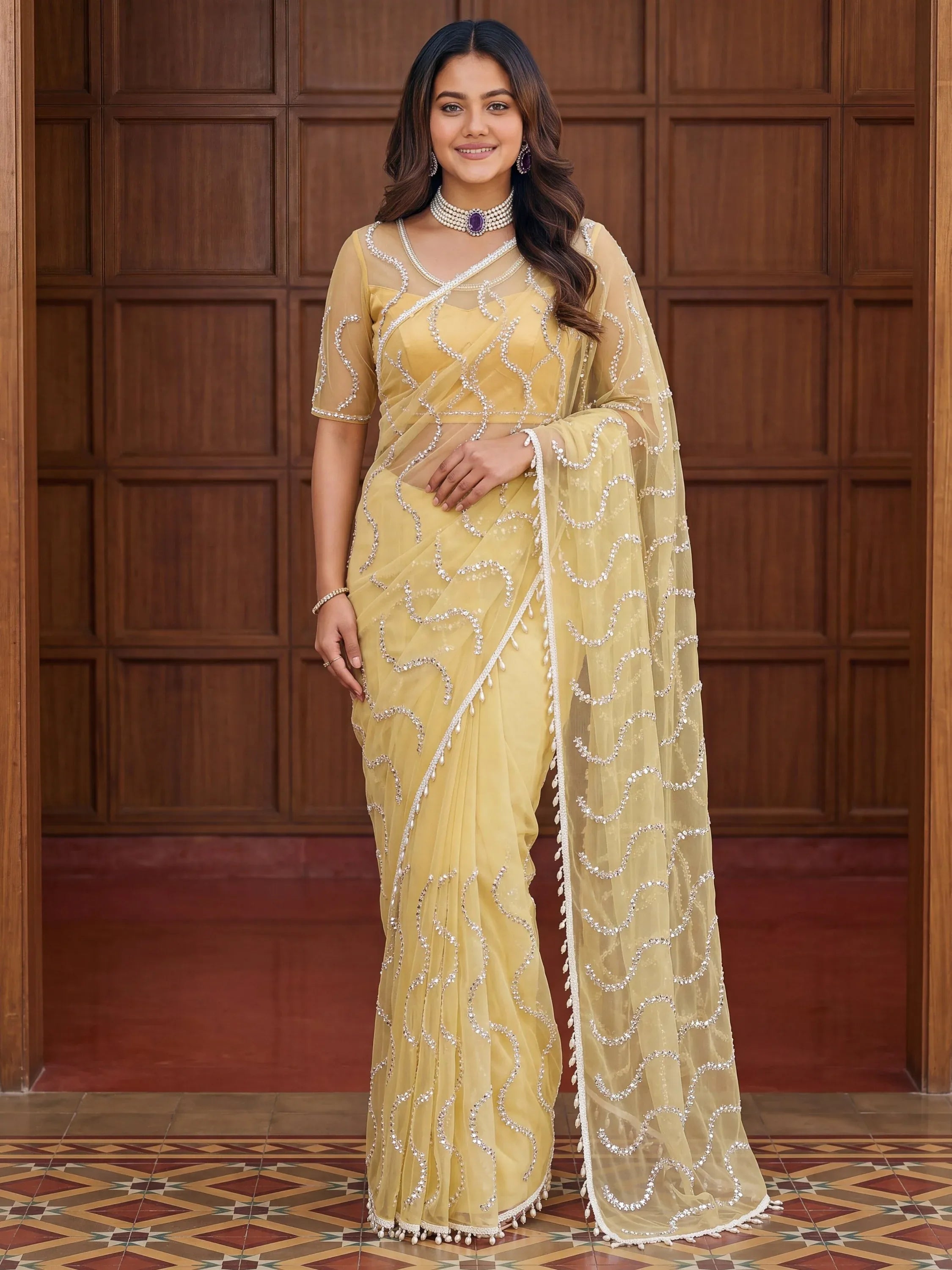 Timeless Yellow Bead Embroidery Net Event Wear Saree With Blouse 1