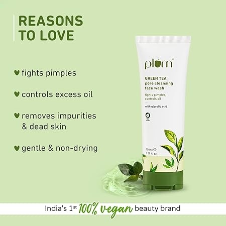 Plum Green Tea Pore Cleansing Face Wash,for Oily, Acne Prone, Dry & Combination Skin | with Glycolic Acid | Fight Pimples & Control Excess Oil | Gentle Exfoliating & Non-Drying | Women & Men | 100ml 3