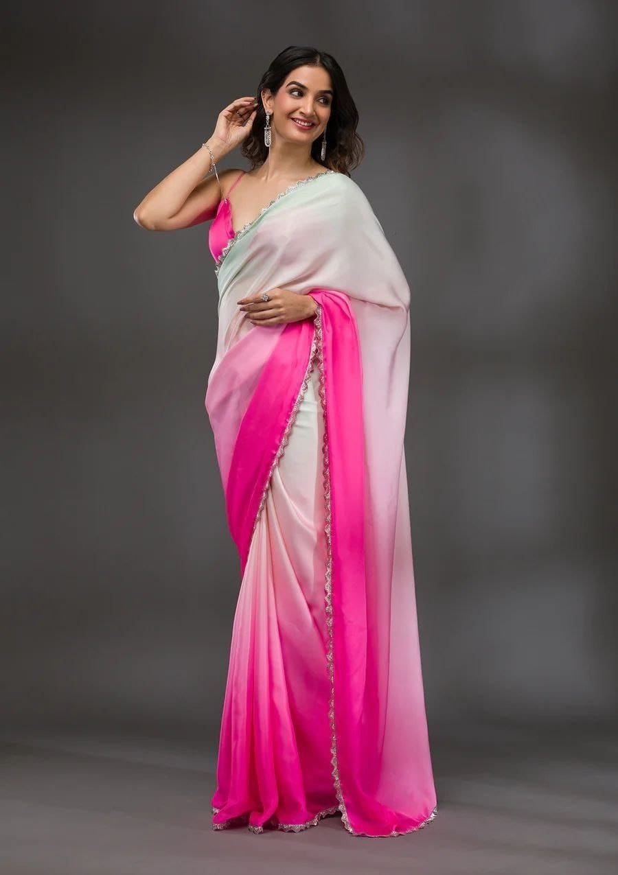 Elegant Ombre Chiffon Saree, White to Pink Gradient, Lace Border Detail, For Party, Traditional Indian Dress 1