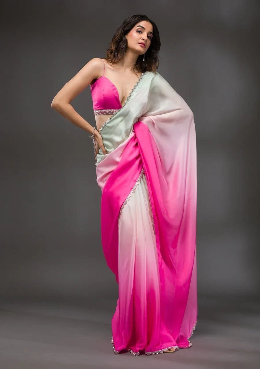 Elegant Ombre Chiffon Saree, White to Pink Gradient, Lace Border Detail, For Party, Traditional Indian Dress 2