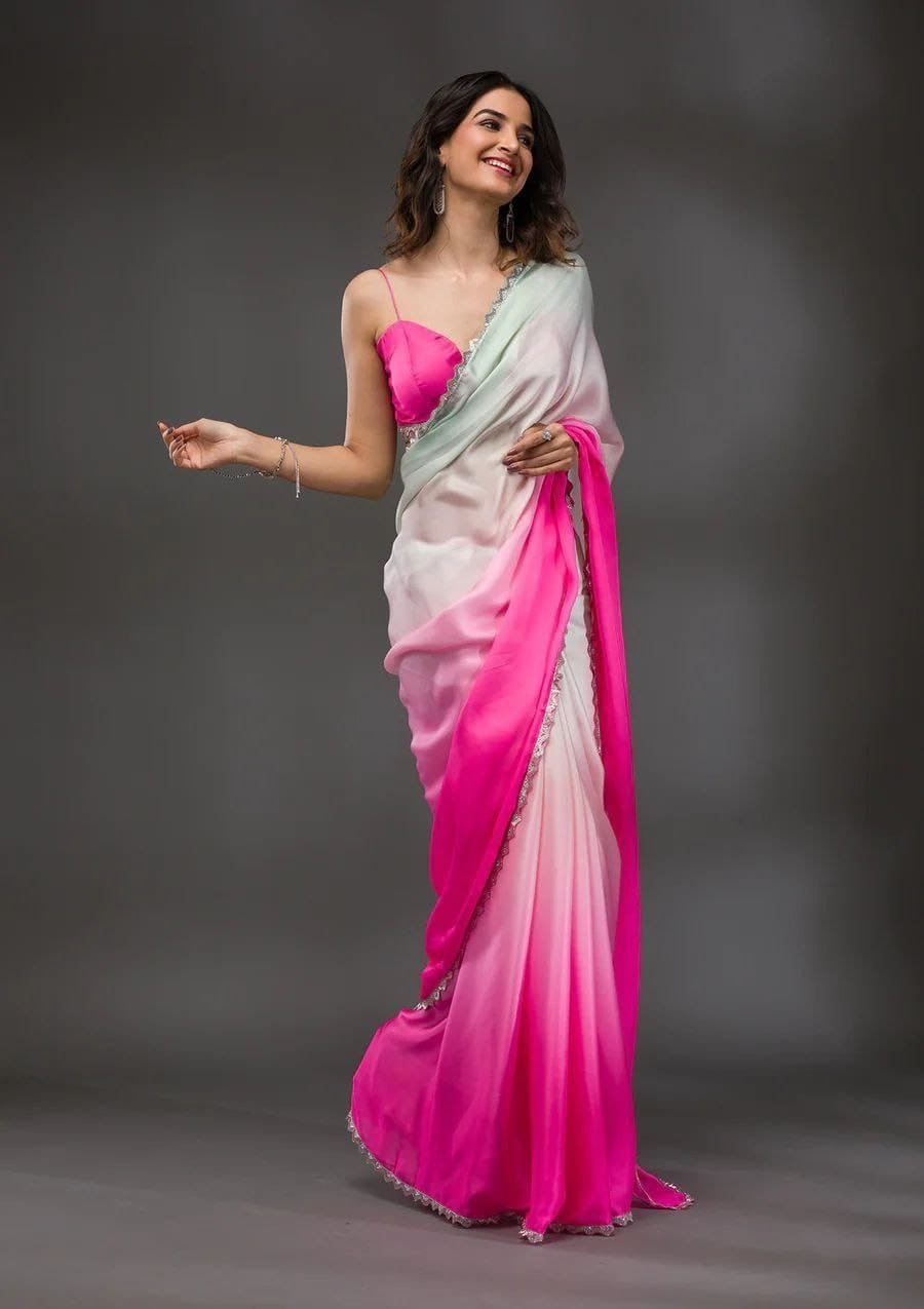 Elegant Ombre Chiffon Saree, White to Pink Gradient, Lace Border Detail, For Party, Traditional Indian Dress 4
