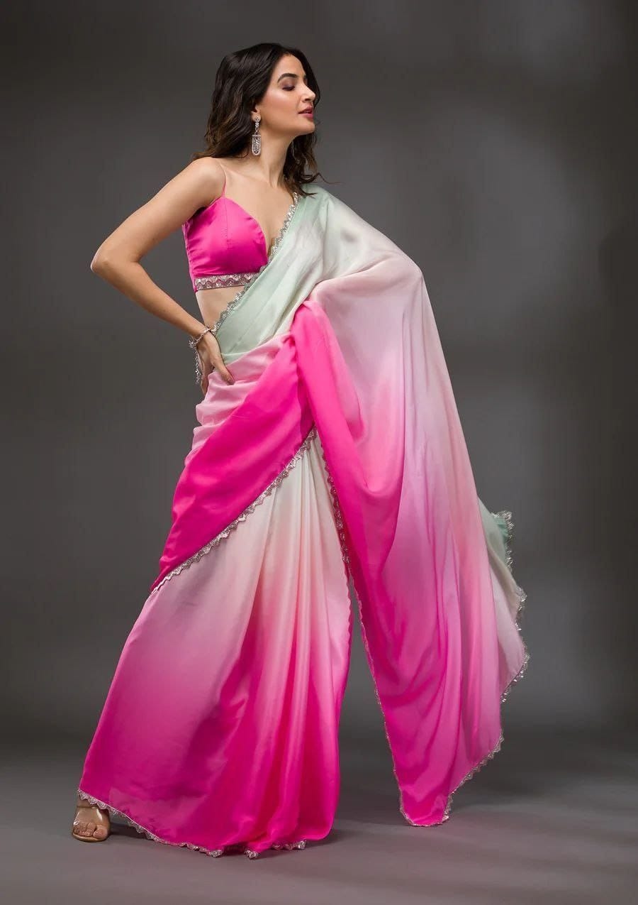 Elegant Ombre Chiffon Saree, White to Pink Gradient, Lace Border Detail, For Party, Traditional Indian Dress 5