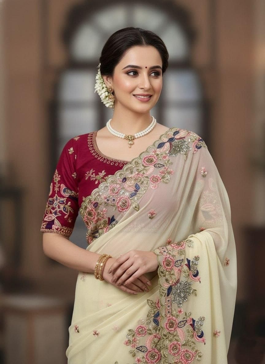Floral Embroidered Poly Georgette Heavy Work Saree 4