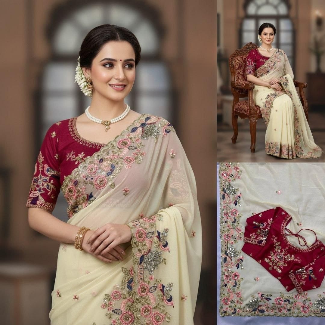 Floral Embroidered Poly Georgette Heavy Work Saree 2