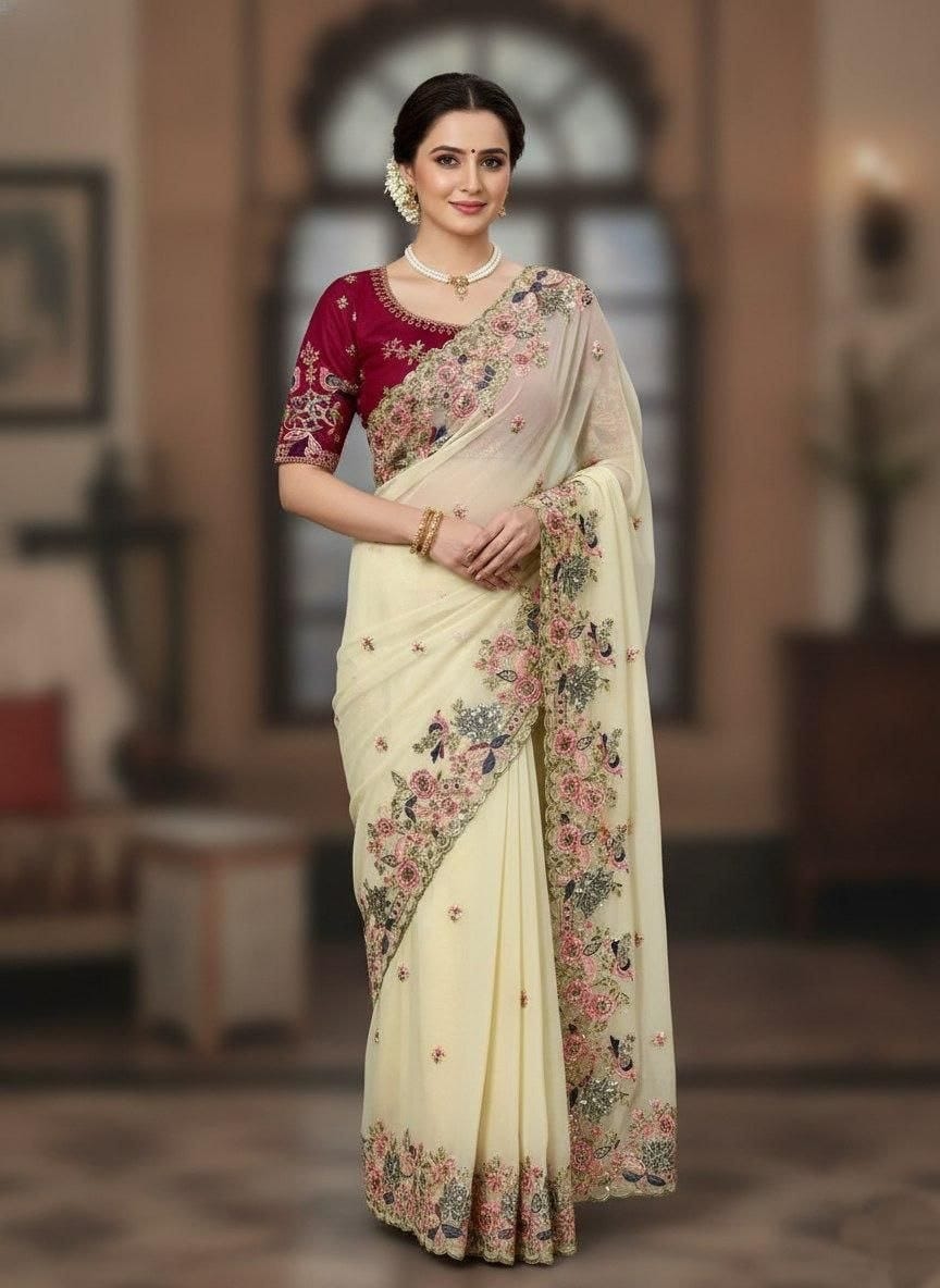 Floral Embroidered Poly Georgette Heavy Work Saree 1