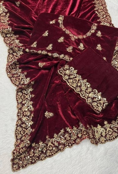 Maroon color embroidered velvet saree 4