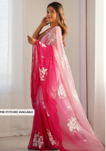 Pink Embroidered Georgette Saree Set ,Pink Embroidered Georgette Saree Set 4