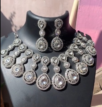 New Necklace Ad necklace, Silver Toned American Diamond Studded Jewellery Set for Women 3