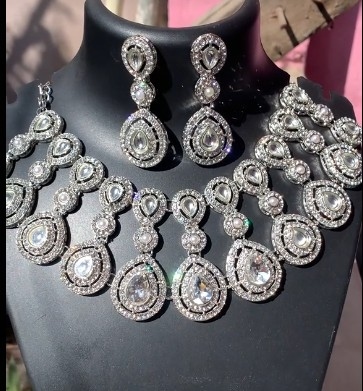New Necklace Ad necklace, Silver Toned American Diamond Studded Jewellery Set for Women 2