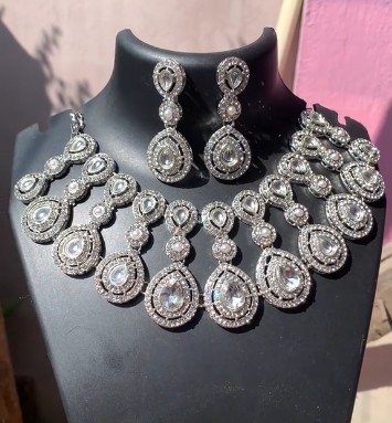 New Necklace Ad necklace, Silver Toned American Diamond Studded Jewellery Set for Women 1