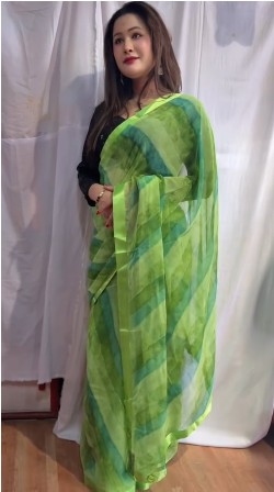 Menuka Brand green Saree, Mustard Yellow Printed Fancy Chiffon Saree With Border 1