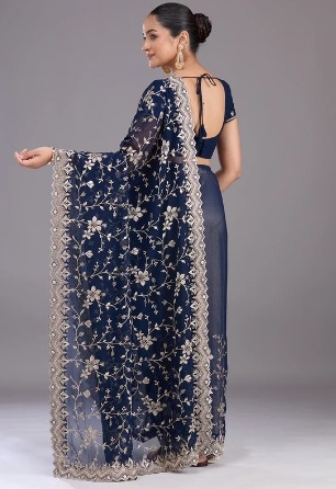 Shivshakti Collection Navy Blue Georgette Gold Zariwork Saree With Matching Blouse Piece 3
