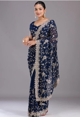 Shivshakti Collection Navy Blue Georgette Gold Zariwork Saree With Matching Blouse Piece 1
