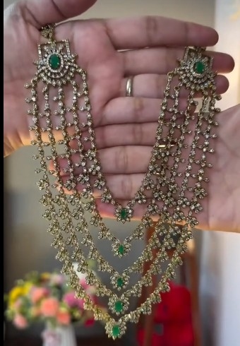 Traditional gold plated 5 layer green and white stone Rani Haar 3