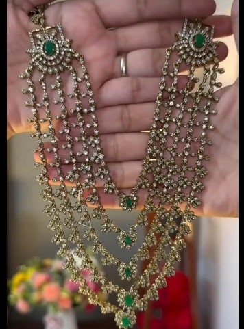 Traditional gold plated 5 layer green and white stone Rani Haar 1