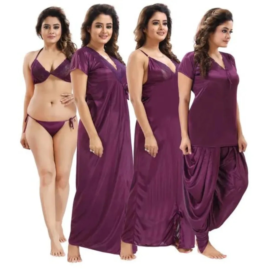 Silk Bridal Nightgown Dhoti Set Stylish Fancy Bridal Nighty Set For Women Free Size Purple Color 7