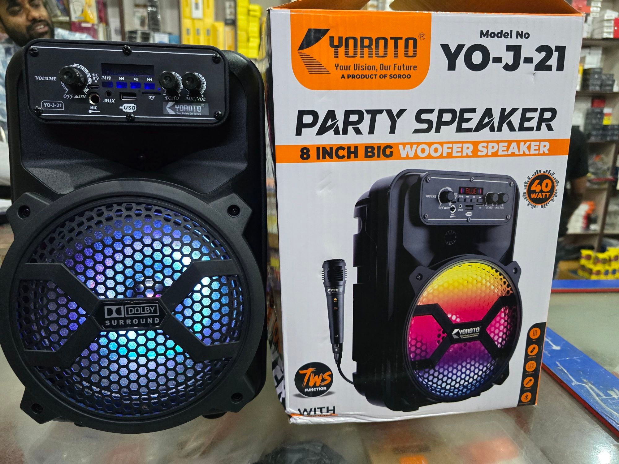 PARTY SPEAKER 8 INCH BIG WOOFER SPEAKER WITH RGB LIGHT , Free Wired Mic, 8 Hours Playback, USB Input 36 W Bluetooth Speaker (Black) 5