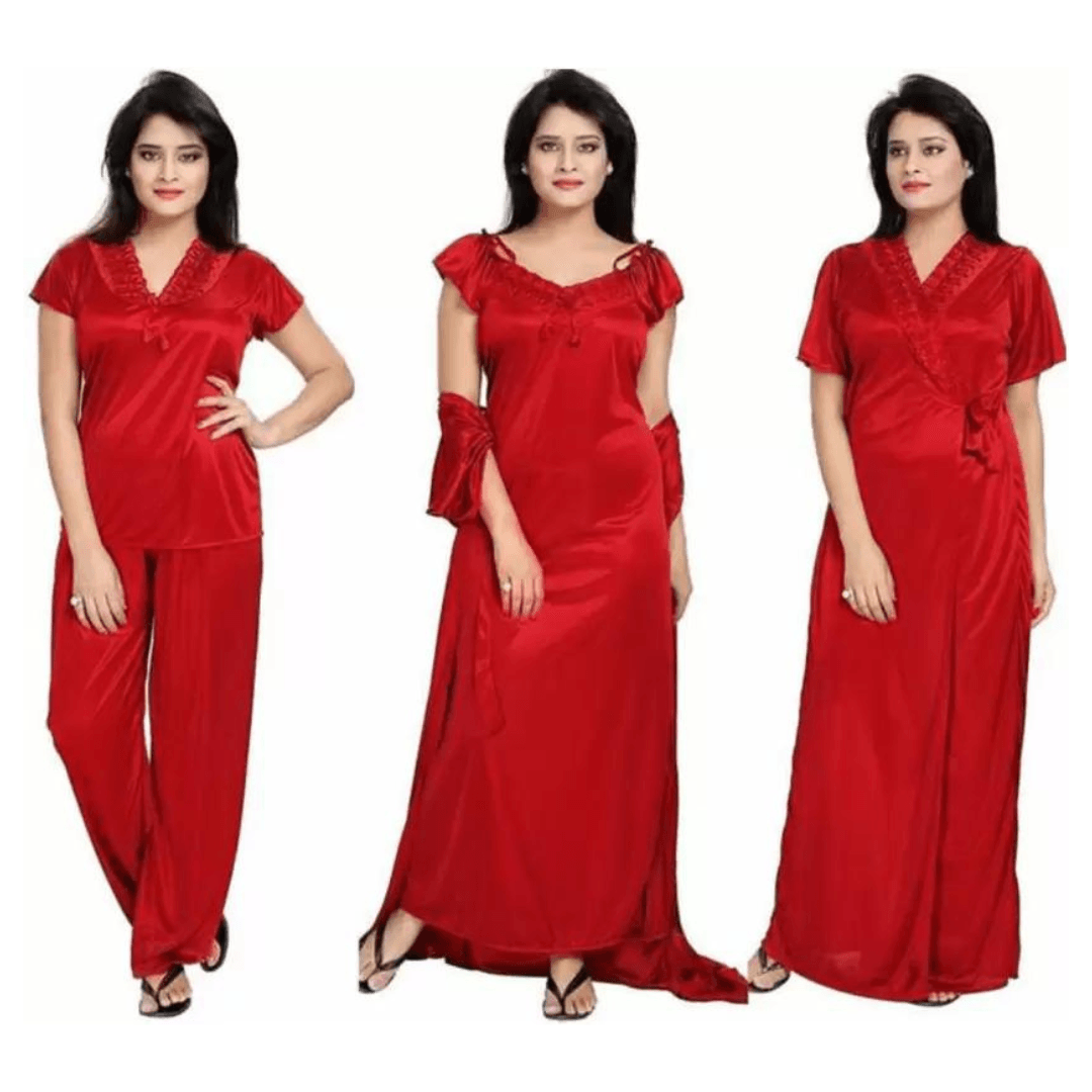 Silk Bridal Nightgown Set Stylish Fancy Bridal Nighty Set For Women Free Size Red Color(3set) 1