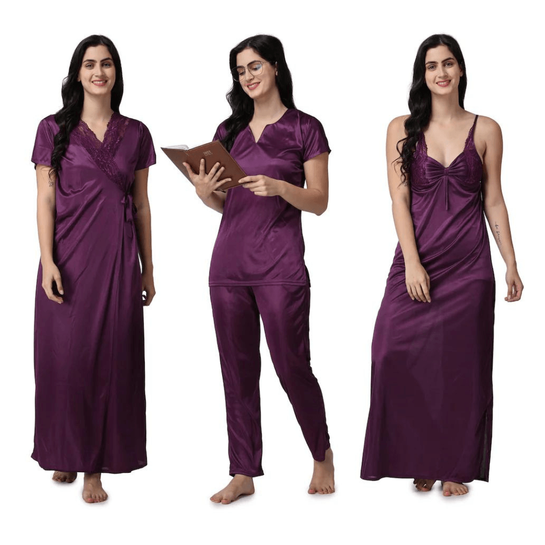 Silk Bridal Nightgown Set Stylish Fancy Bridal Nighty Set For Women Free Size Purple Color 1
