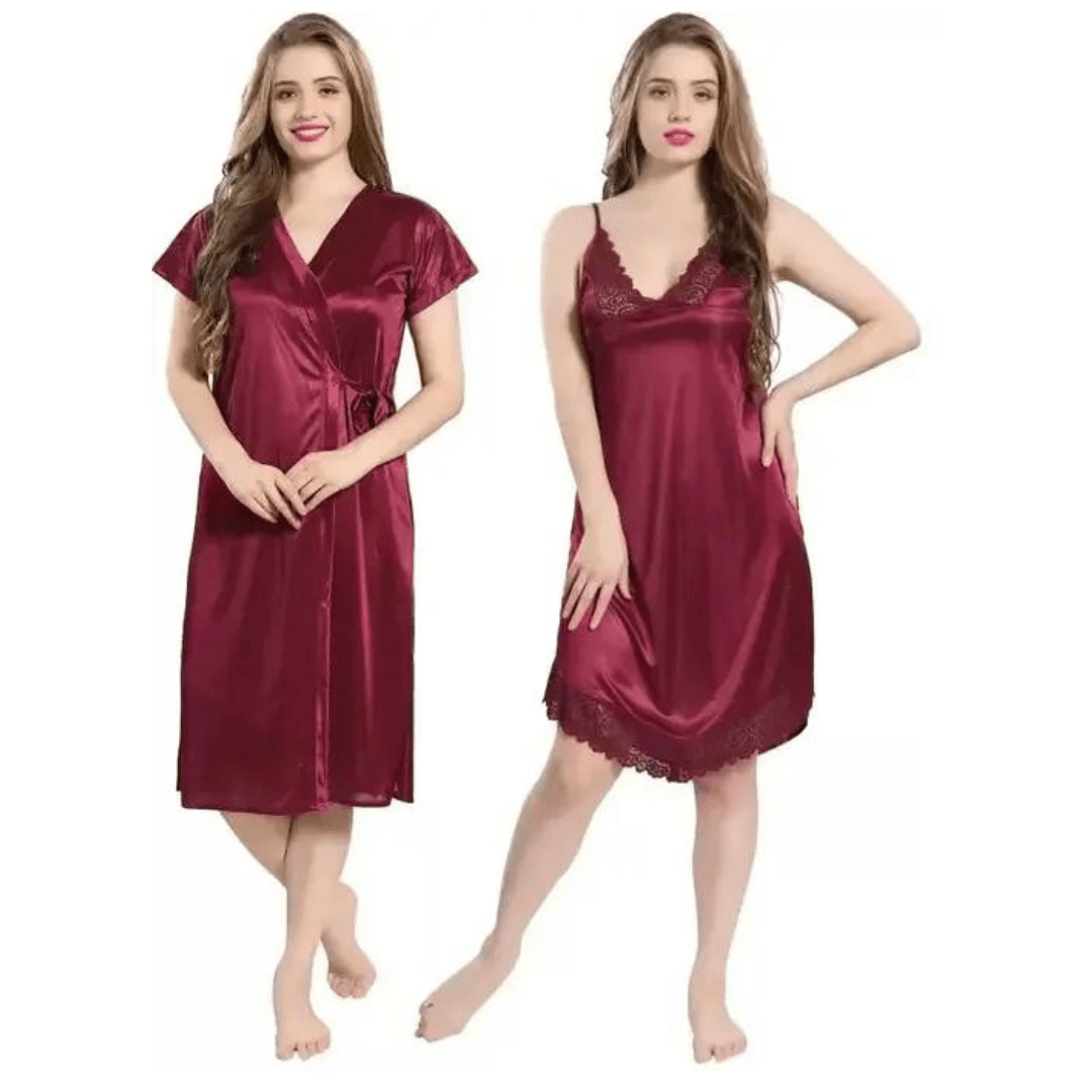 Silk Bridal Nightgown Set Stylish Fancy Bridal Nighty Set For Women Free Size Maroon Color 1