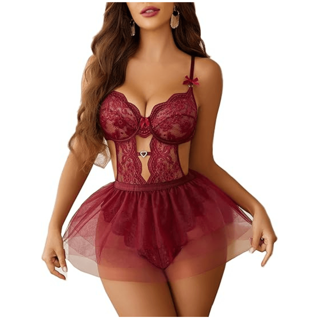 Lingerie Set Lace Underwired Bodysuit with Detachable Mesh Mini Skirt Push Up Teddy Lingerie Maroon Color Free Size 1