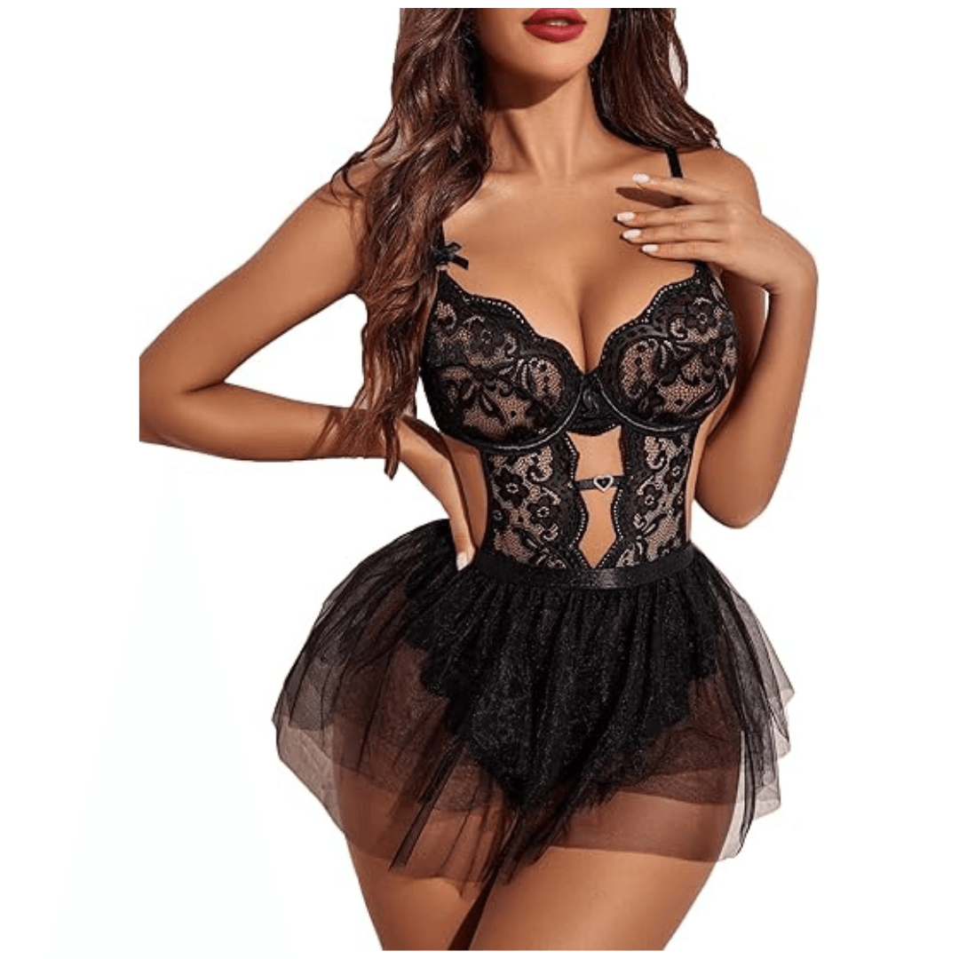 Lingerie Set Lace Underwired Bodysuit with Detachable Mesh Mini Skirt Push Up Teddy Lingerie Black Color Free Size 1
