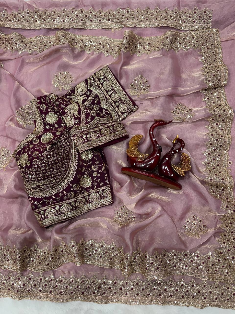 Beautifull Soft Frendy Satin With Sequience Embroidery Work Saree Pink 1